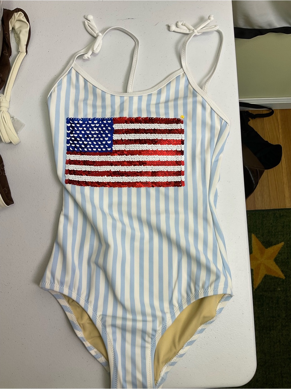 Shade Critters Light Blue & White Striped One-Piece Swimsuit with Sequin Flag